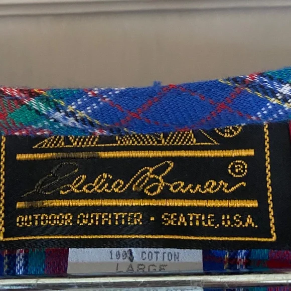 Eddie Bauer Womens L Ruffle Neck 3/4 length Nightgown Red Blue PLAID 90s USA - Picture 2 of 14